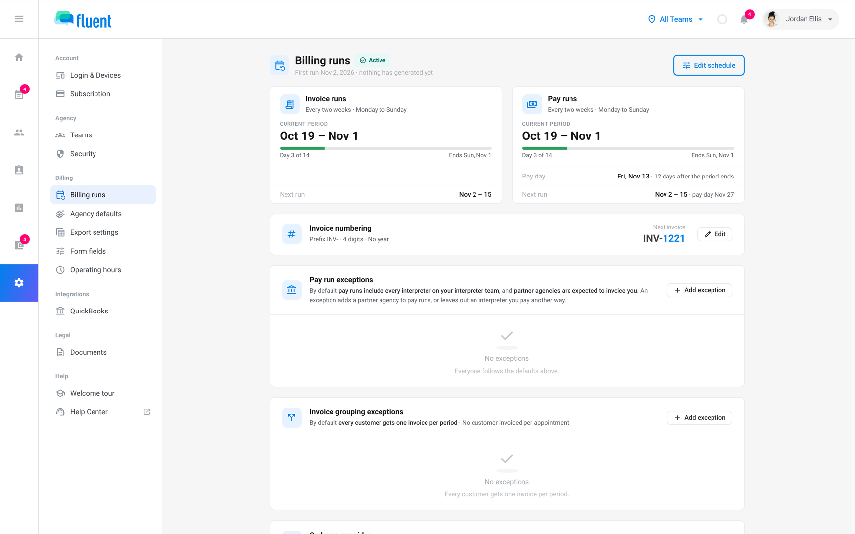 Settings › Billing runs with the Active pill, the Invoice runs and Pay runs tiles, and Invoice numbering