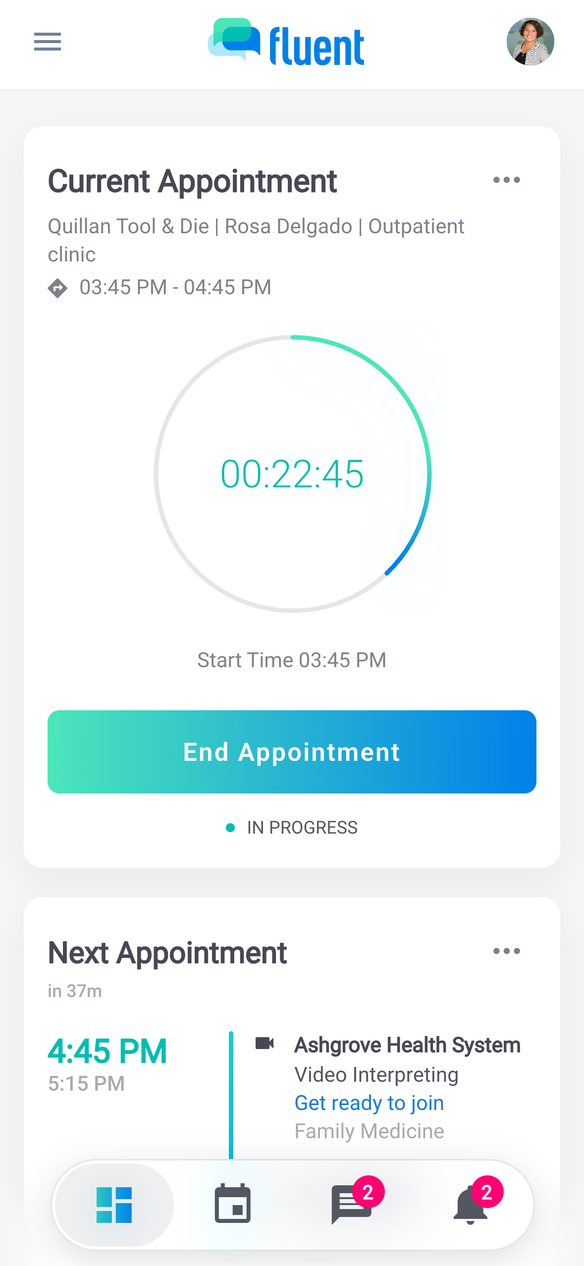 Dashboard Current Appointment card in progress with the elapsed time ring, Start Time, and End Appointment