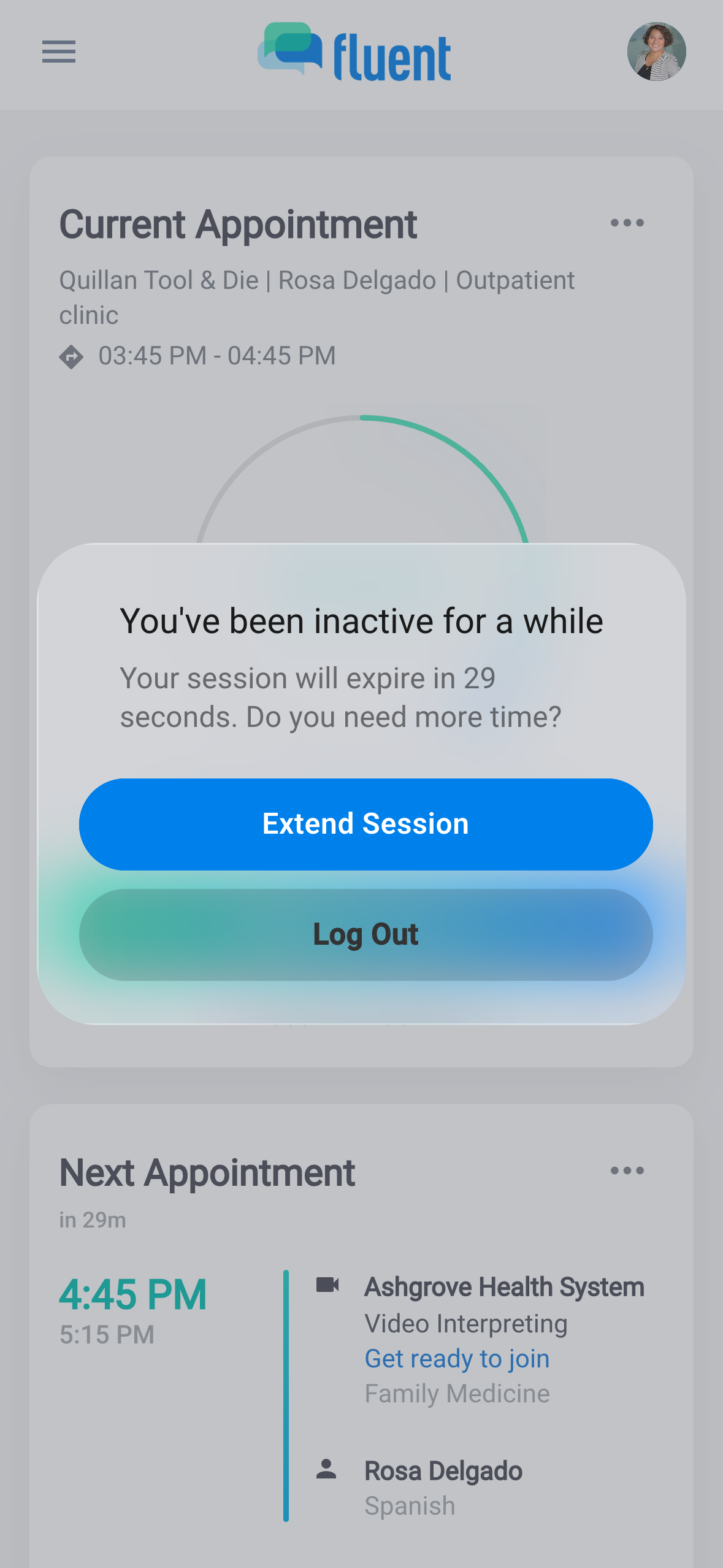 Inactivity dialog on the Dashboard with the seconds countdown, Extend Session, and Log Out