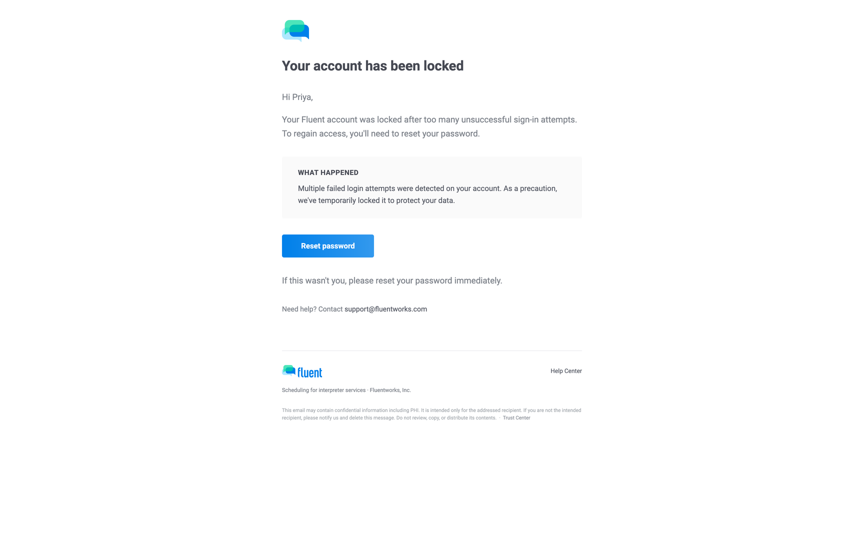 The "Your account has been locked" email with its Reset password button