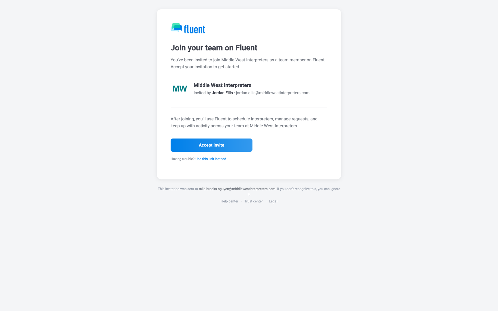 Invitation email "Join your team on Fluent" with the inviter card and the Accept invite button