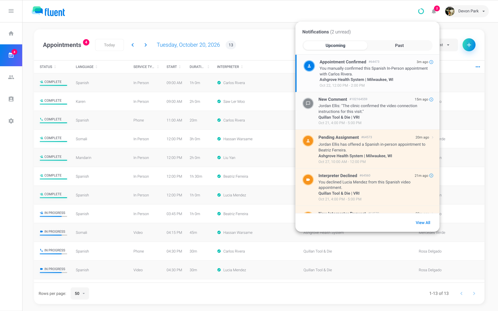Web app bell open on the Upcoming tab listing staff notices such as Appointment Confirmed and Interpreter Declined