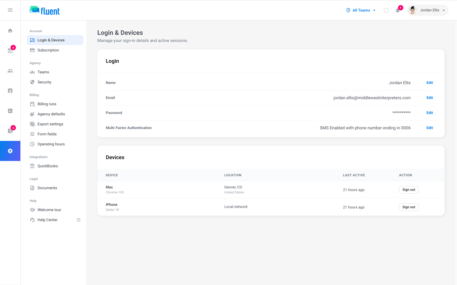 Settings › Login & Devices with the Email row and a phone listed under Devices with its Sign out button