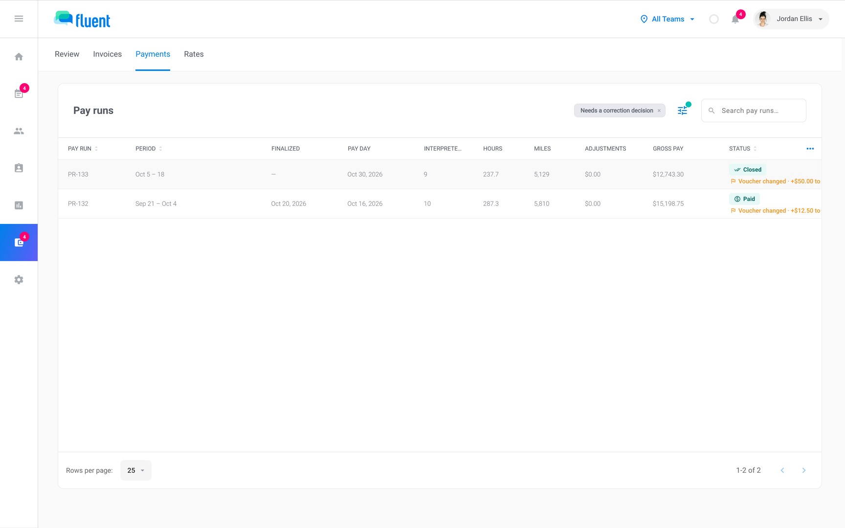 Billing › Payments filtered to Needs a correction decision, with a closed run showing Voucher changed and an amount to answer
