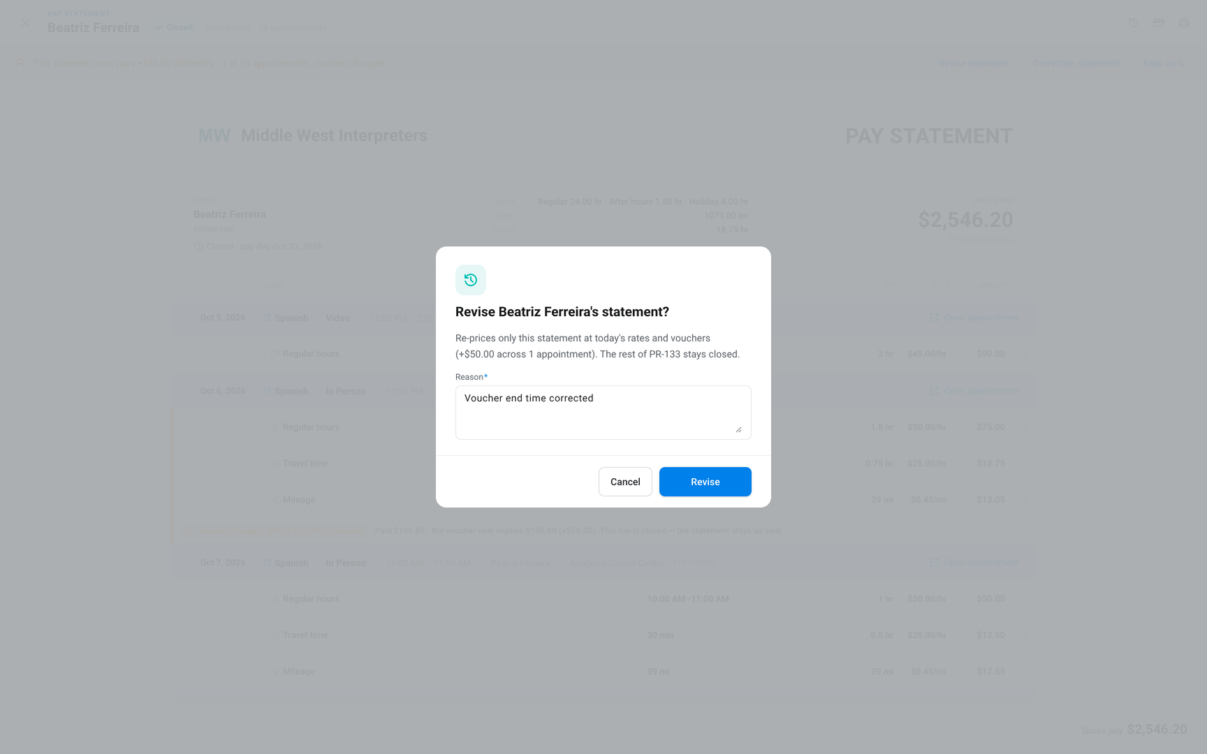 Revise statement dialog with the amount, a filled Reason field, and the Revise button