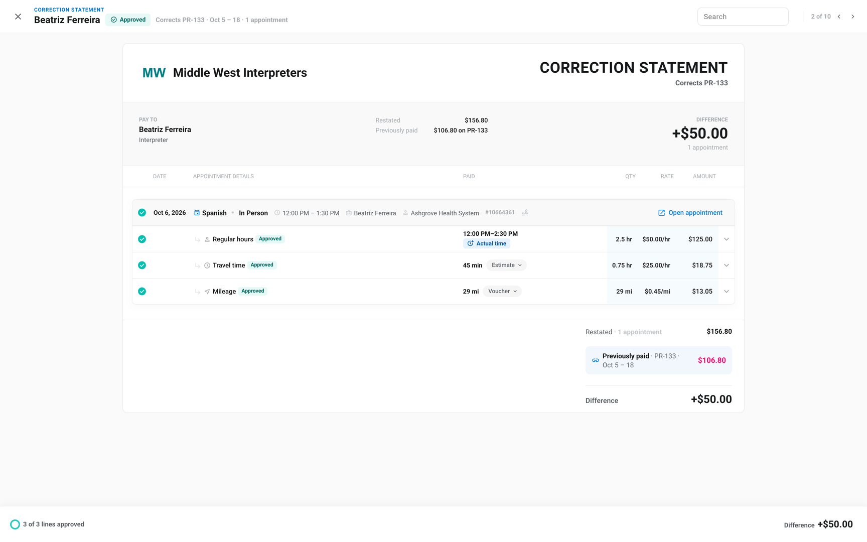 Billing › Review correction statement with Restated, Previously paid, and Difference for a corrected appointment