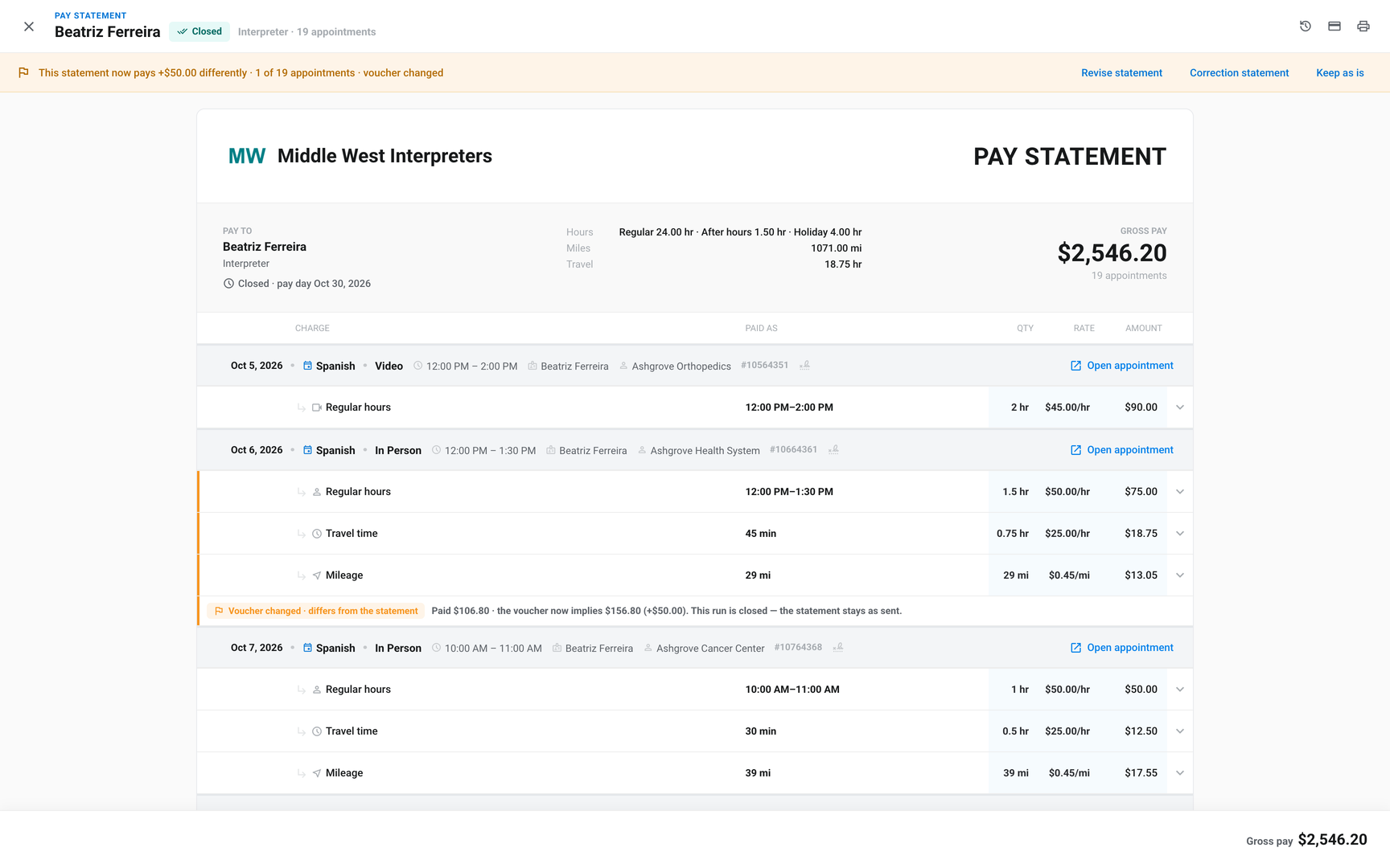 Billing › Payments pay statement with the strip offering Revise statement, Correction statement, and Keep as is