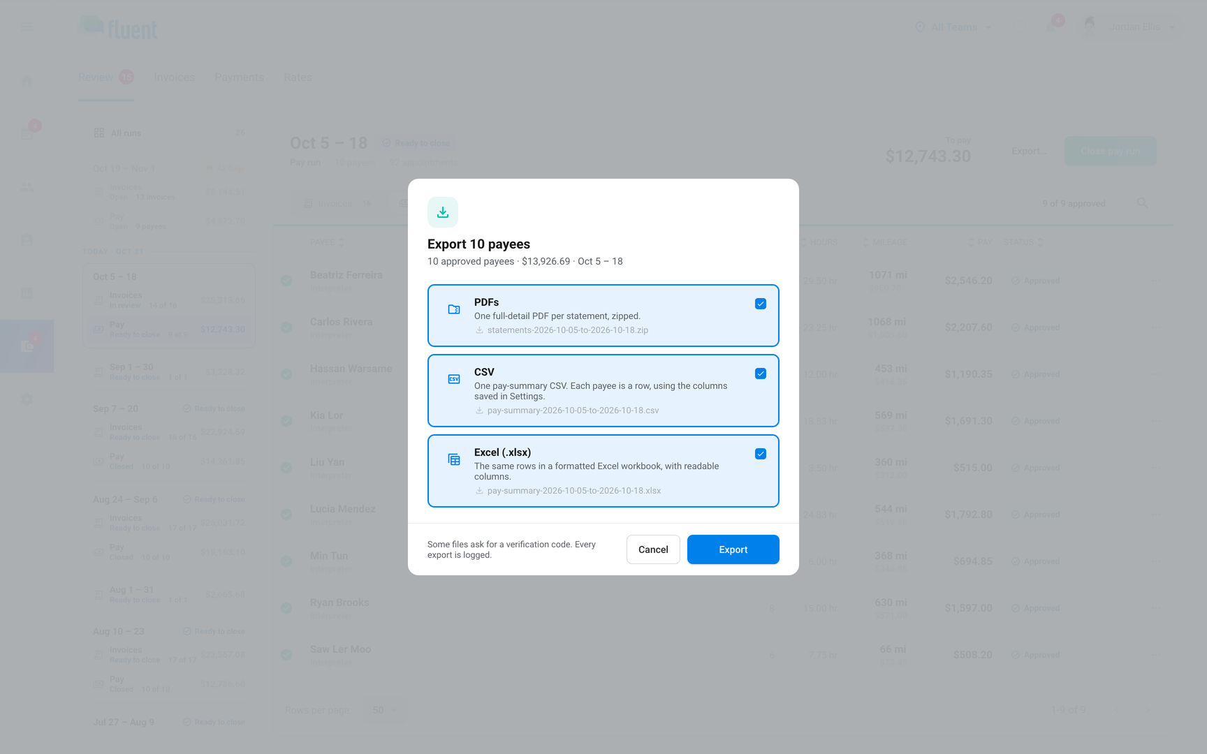 Billing › Review Export dialog for a pay run with PDFs, CSV, and Excel (.xlsx) turned on