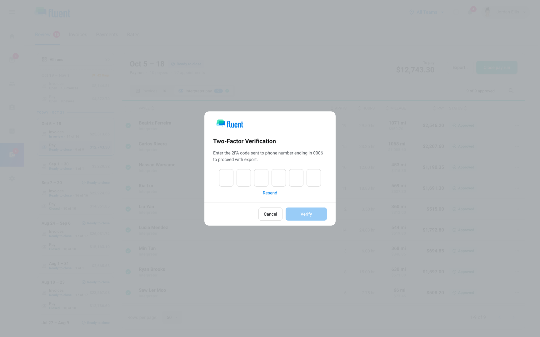 Two-Factor Verification dialog asking for the 6-digit code before a pay export, with Resend and Verify