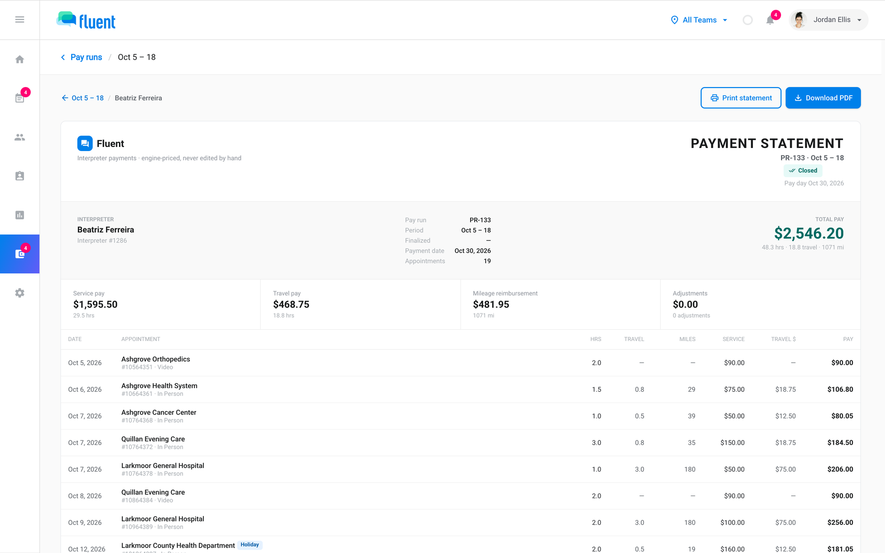 Billing › Payments pay statement with the Print statement and Download PDF buttons