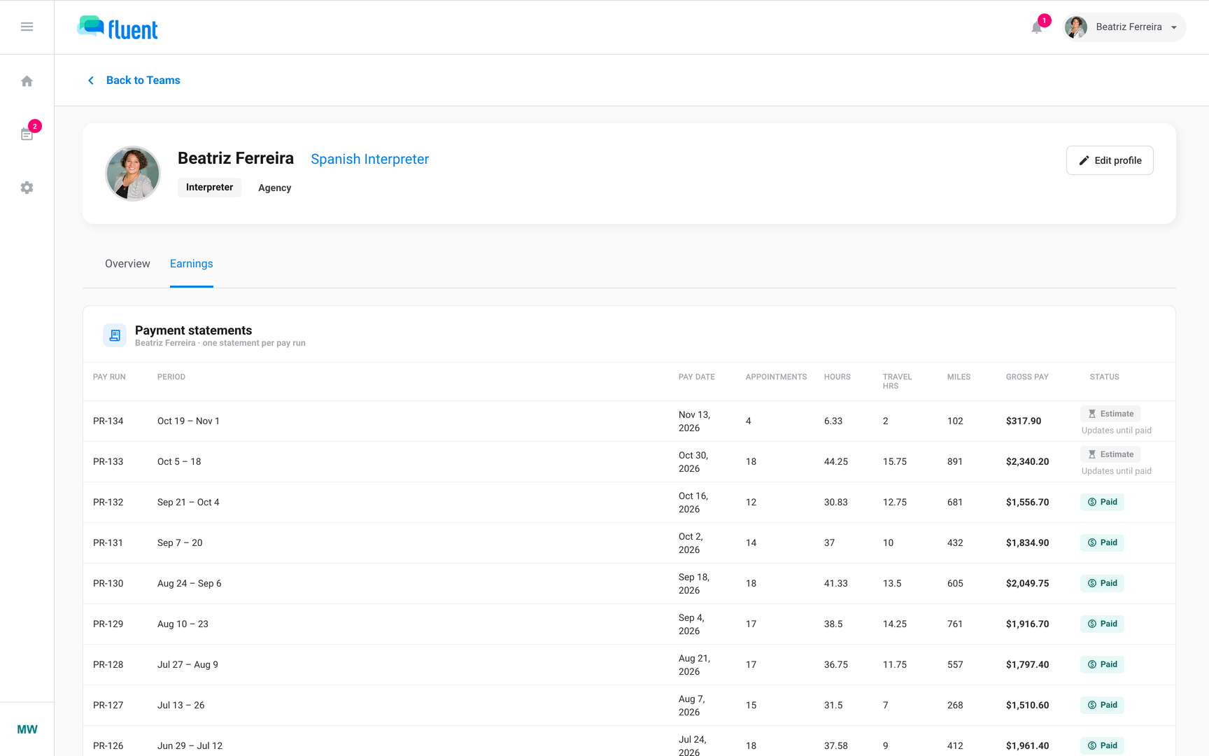Profile › Earnings for an interpreter with pay statements reading Estimate and Paid