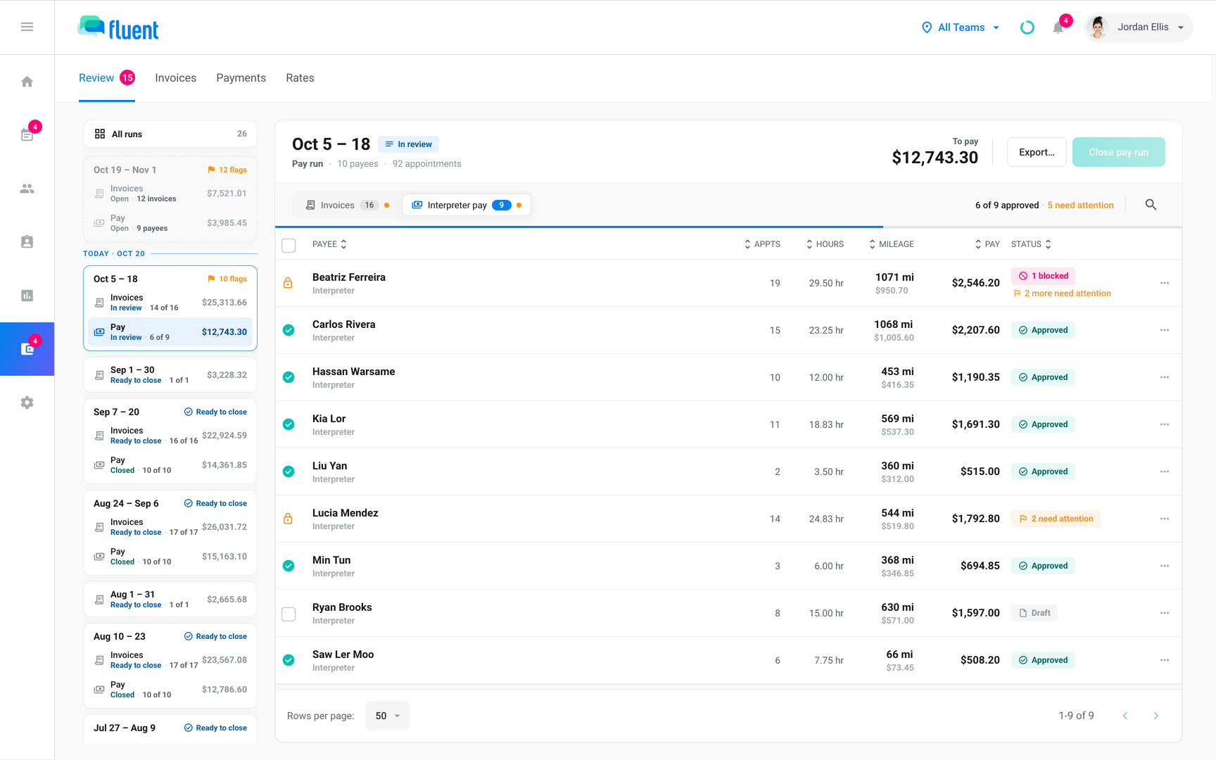 Billing › Review › Pay runs with the run header, the approval meter and payee rows reading Draft, Approved and N need attention