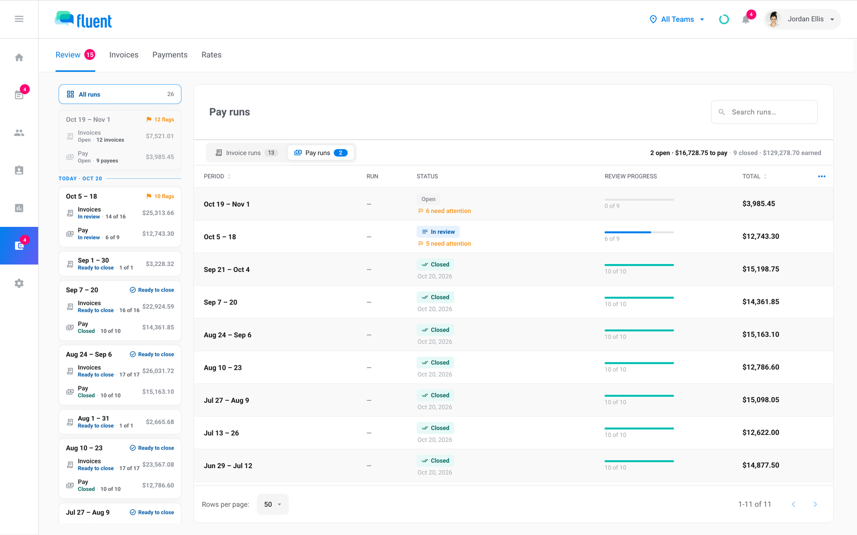 Billing › Review All runs on Pay runs with each pay run's status and review progress