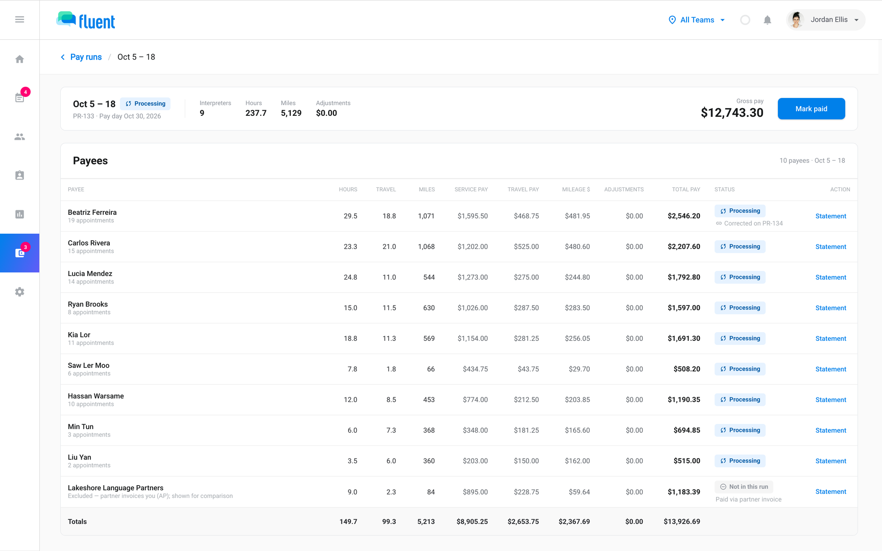 Billing › Payments run header with the Processing chip and the Mark paid button