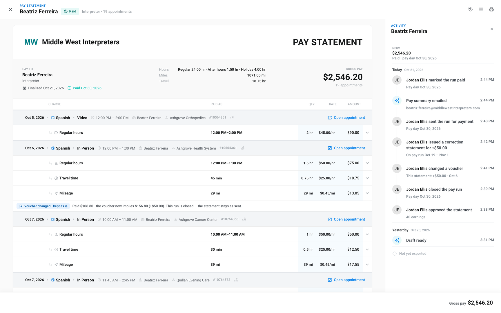 Billing › Payments statement dialog with the activity panel listing closed, sent for payment, marked paid and emailed
