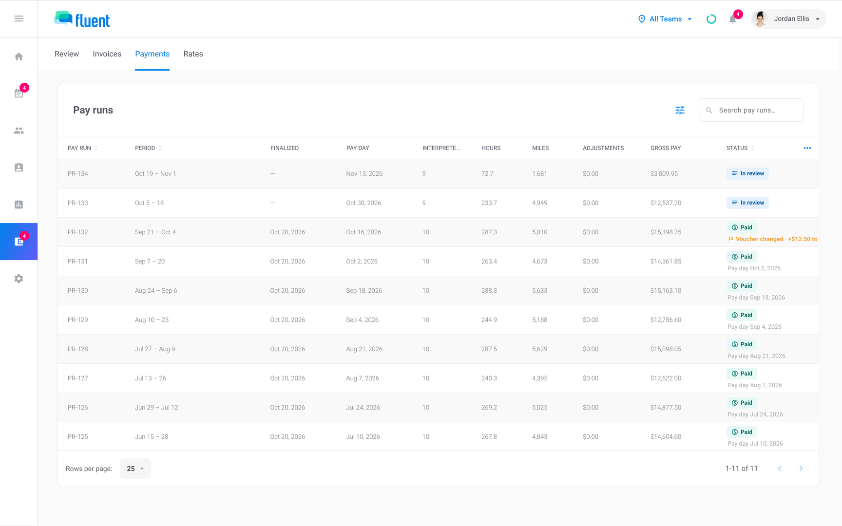 Billing › Payments Pay runs list with runs reading Paid, Processing, Closed, and In review