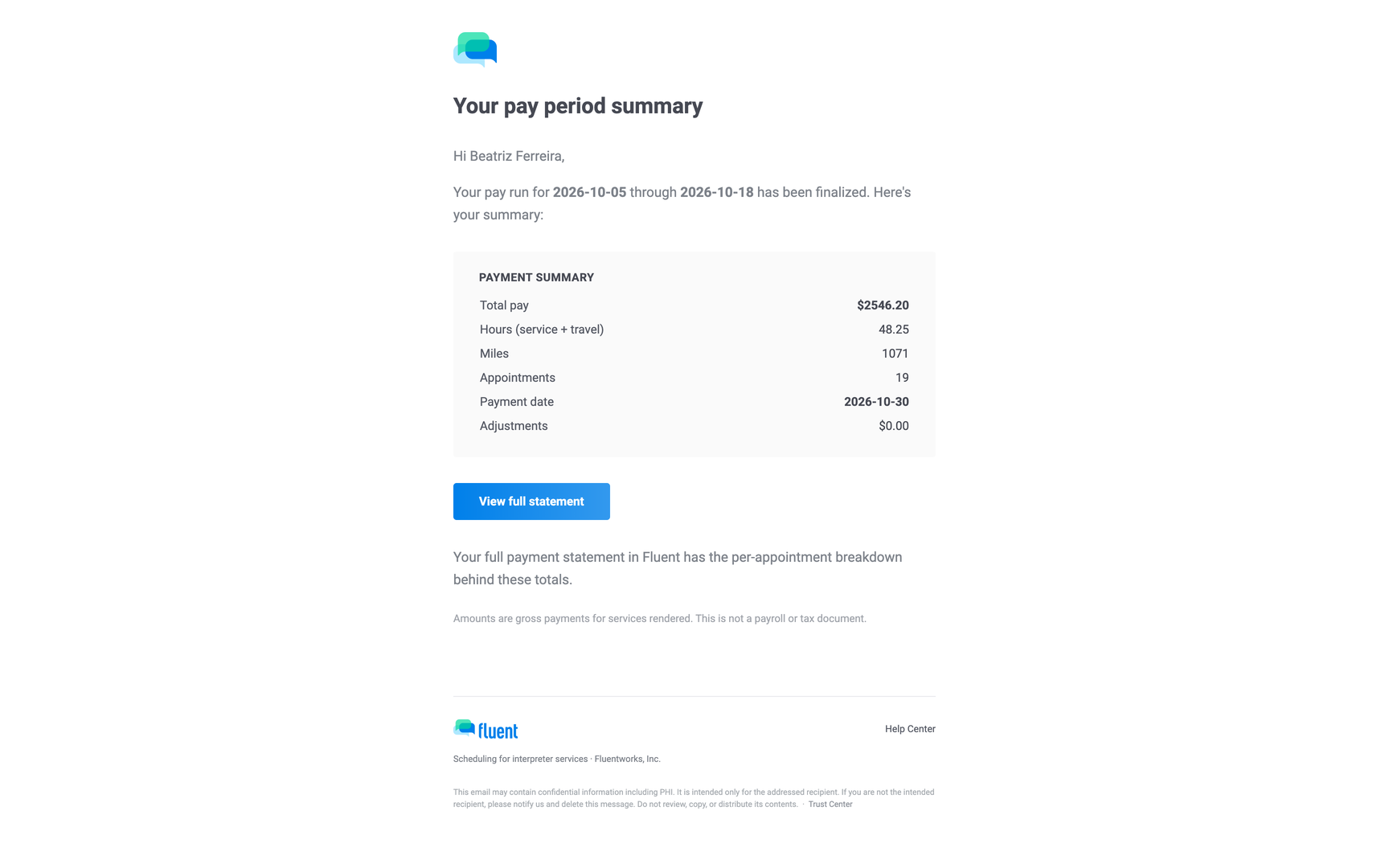 Pay summary email headed Your pay period summary with the totals table and the View full statement button