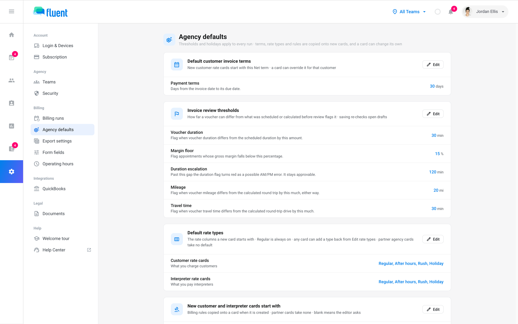 Settings › Agency defaults with the invoice terms, review thresholds, and default rate types sections
