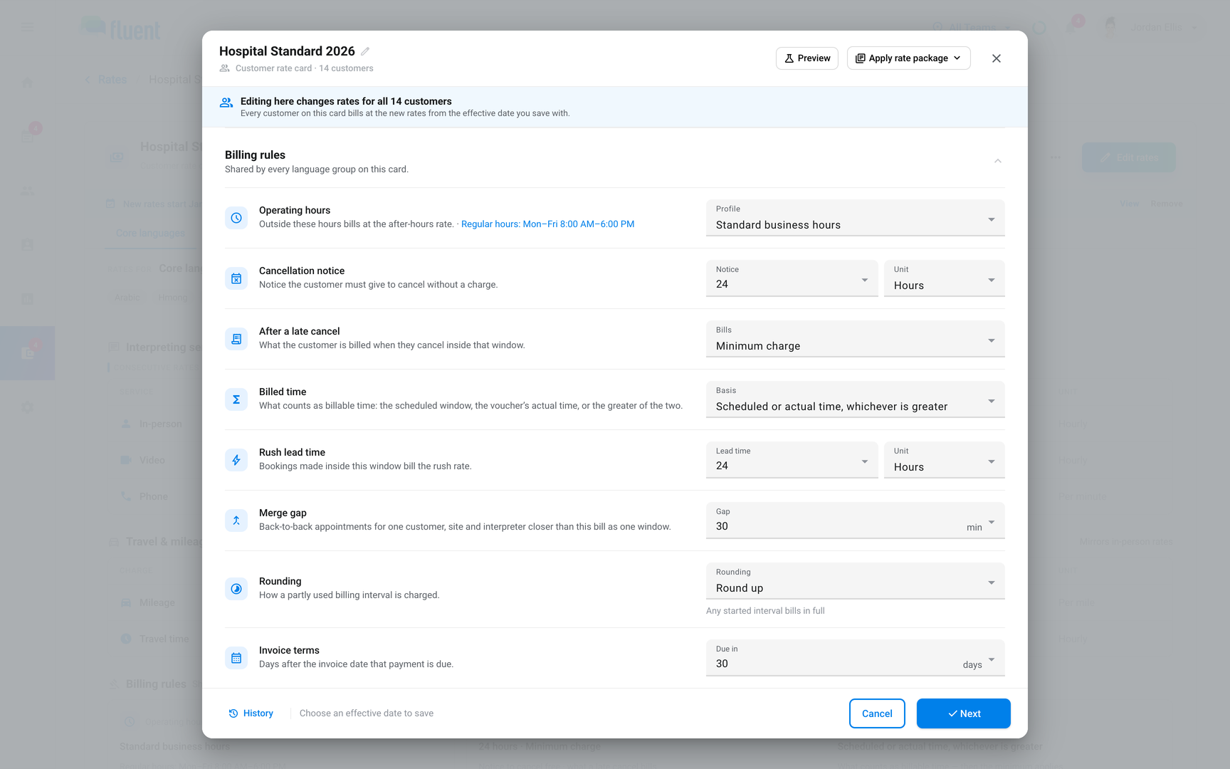 Rate editor Billing rules section with its 8 rows, from Operating hours to Invoice terms, all filled in