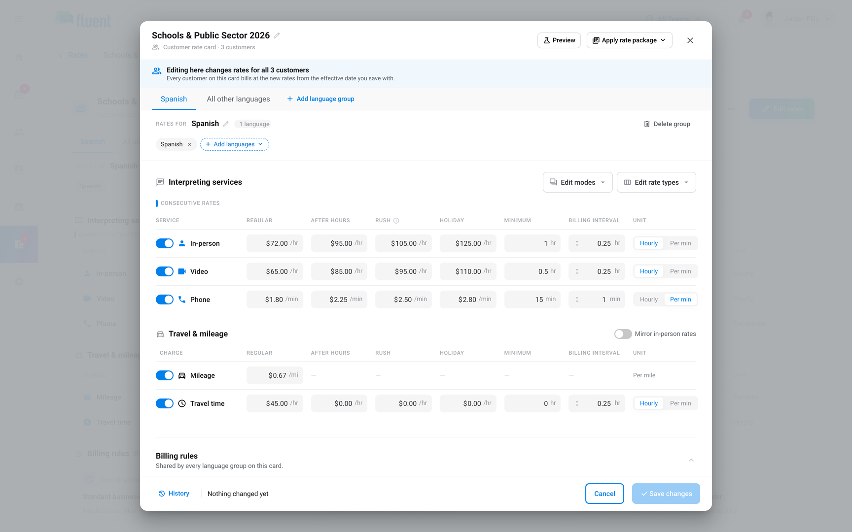 Rate editor Interpreting services rows with Regular rate, Minimum and Billing interval, and Travel time's own pair