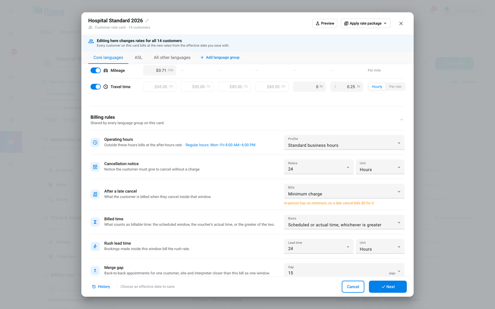 Rate editor Billing rules with the Cancellation notice and After a late cancel rows and the $0 late cancel warning