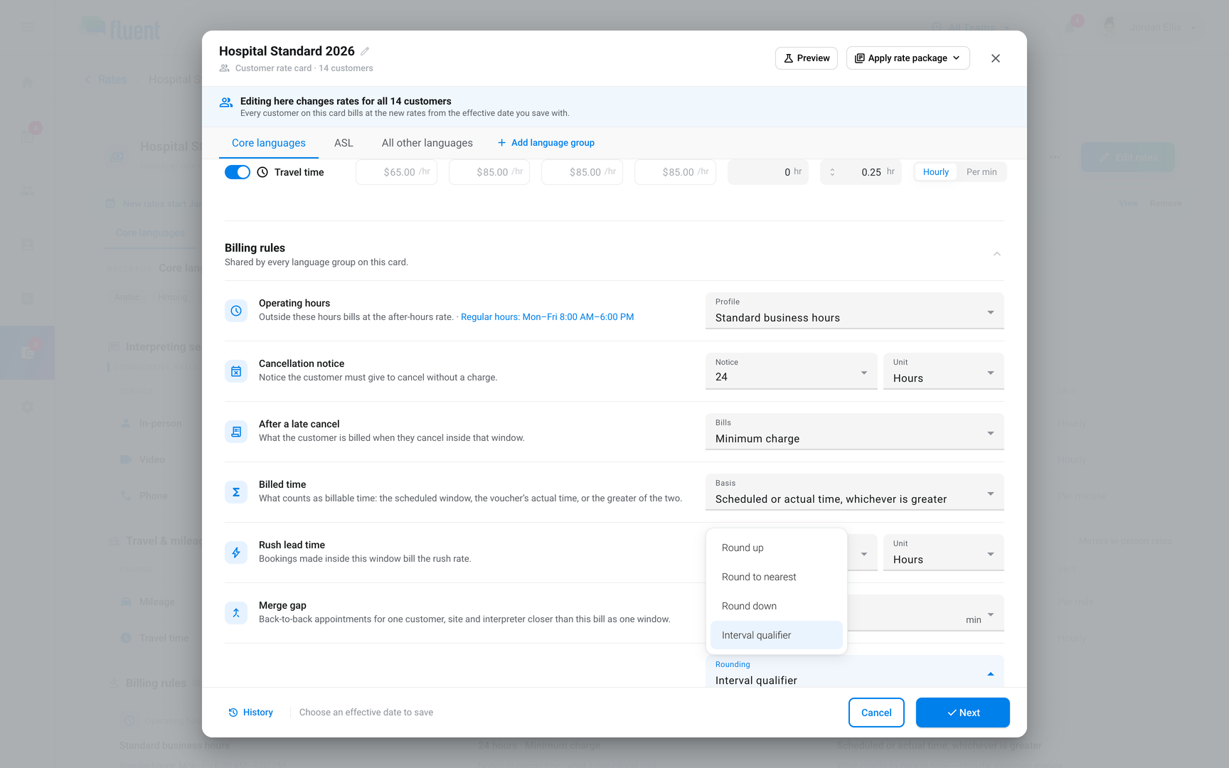 Rate editor Rounding row with the four options open and the Qualifier field showing 5 minutes
