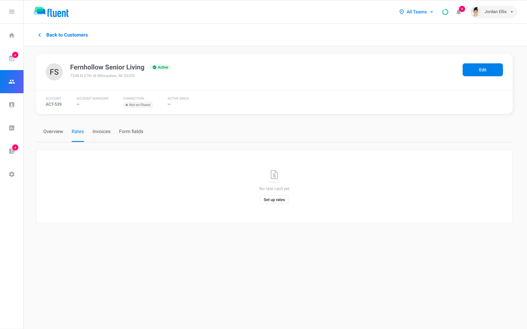 Customer page Rates tab reading "No rate card yet" with the Set up rates button