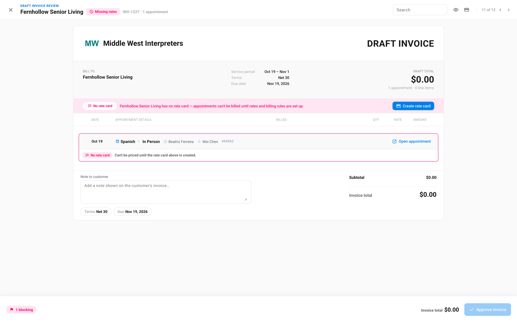 Billing › Review invoice with a "No Spanish rate" appointment card and the Add to rate card button