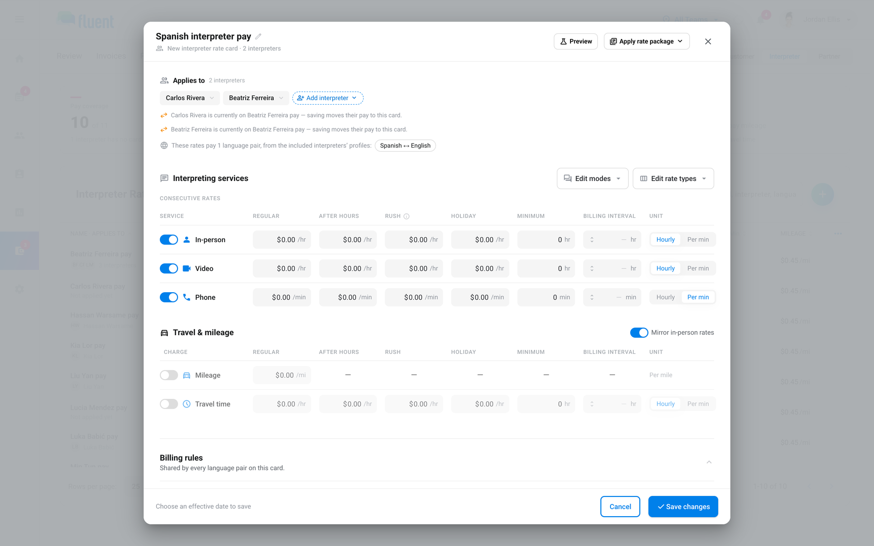 Billing › Rates › Interpreter rate editor with 2 interpreters under Applies to and the language pairs line
