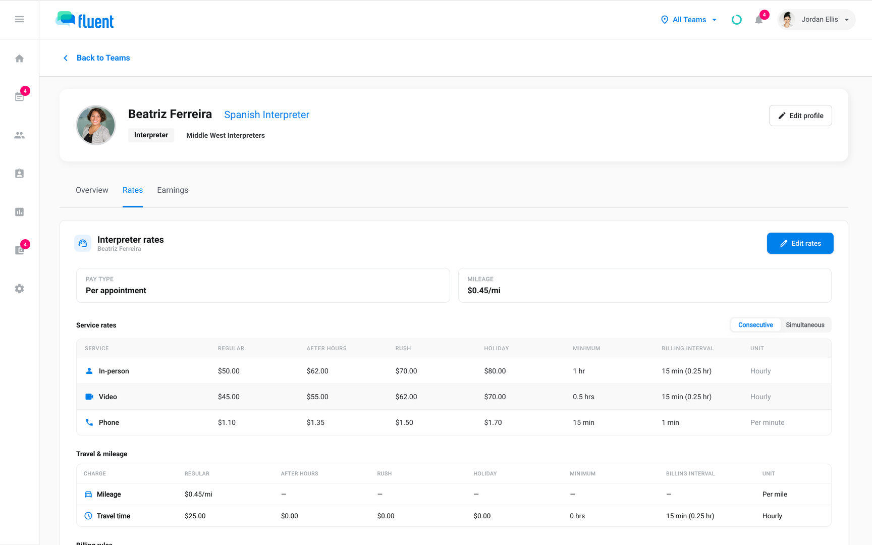 Team › Interpreters profile Rates tab headed Interpreter rates with the Edit rates button and Service rates