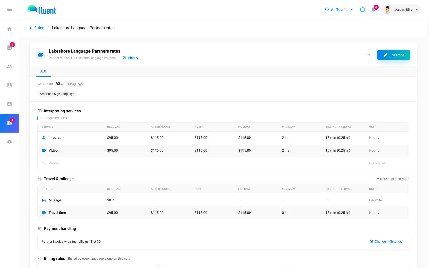 Billing › Rates › Partner card for Lakeshore Language Partners with Payment handling reading Partner invoice