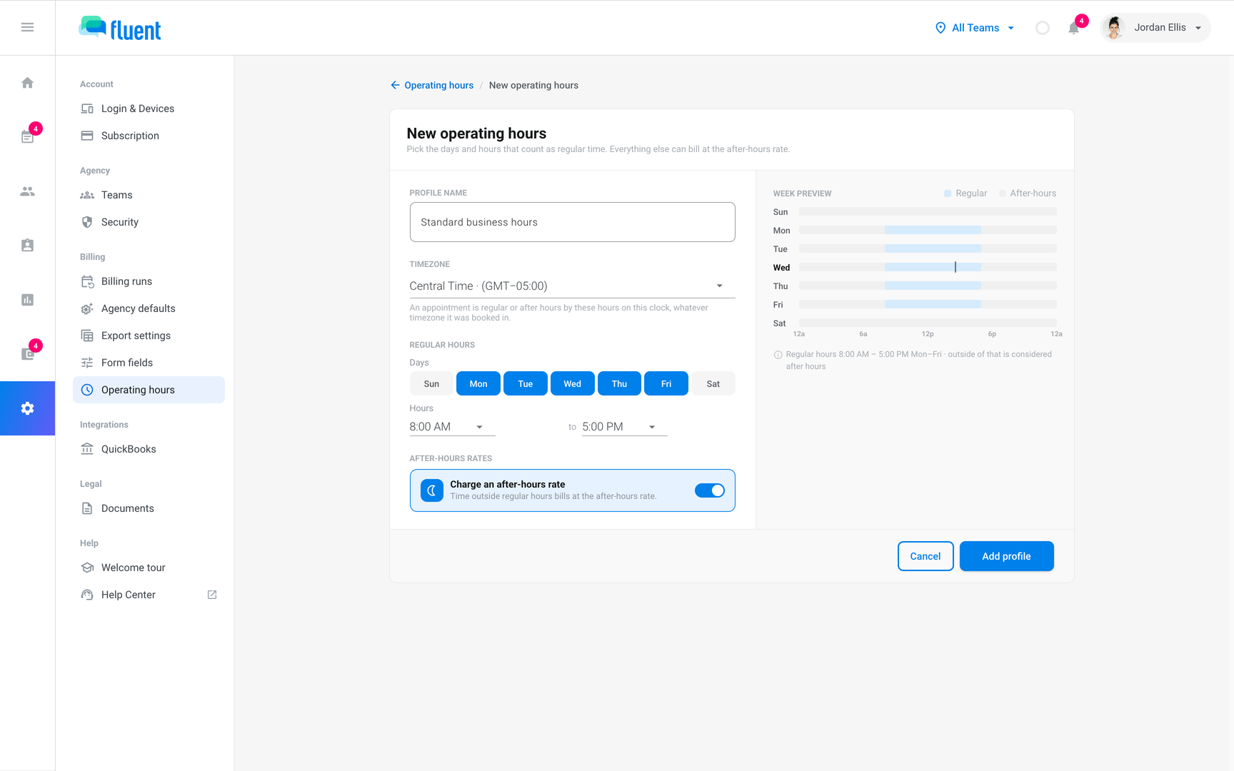 New operating hours editor with the Days, Hours, and Charge an after-hours rate controls beside the Week preview