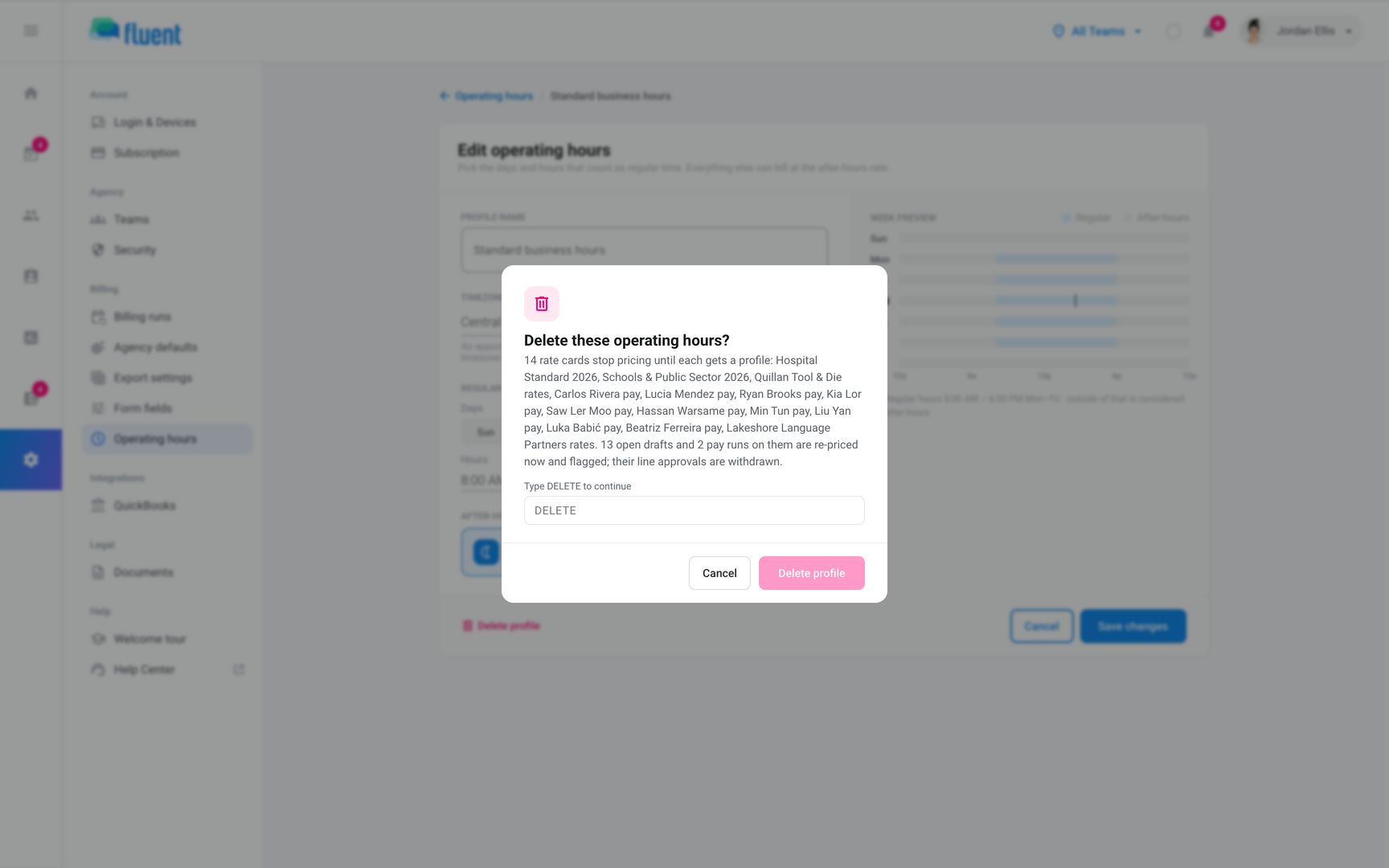 Delete these operating hours? dialog listing the rate cards on the profile, with the Type DELETE to continue field