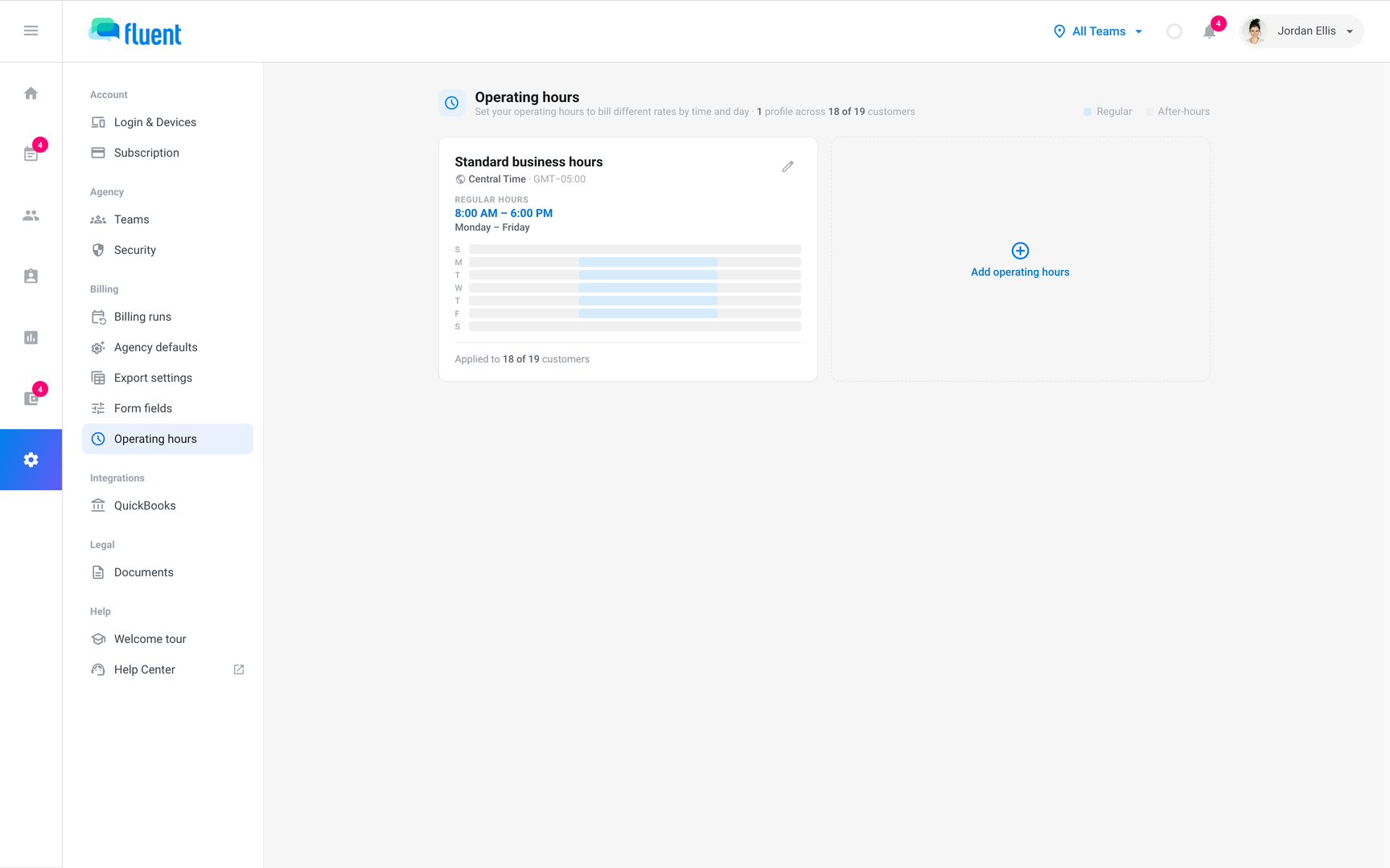 Settings › Operating hours with the Standard business hours tile and the Add operating hours tile