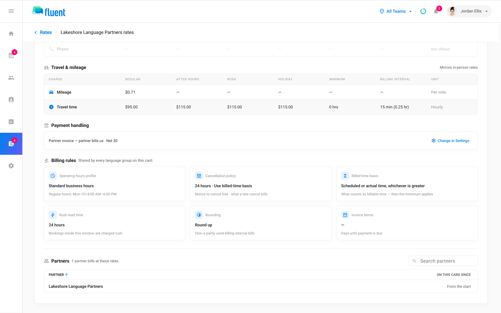 A partner rate card page showing Payment handling set to Partner invoice, the billing rules, and the partner on the card
