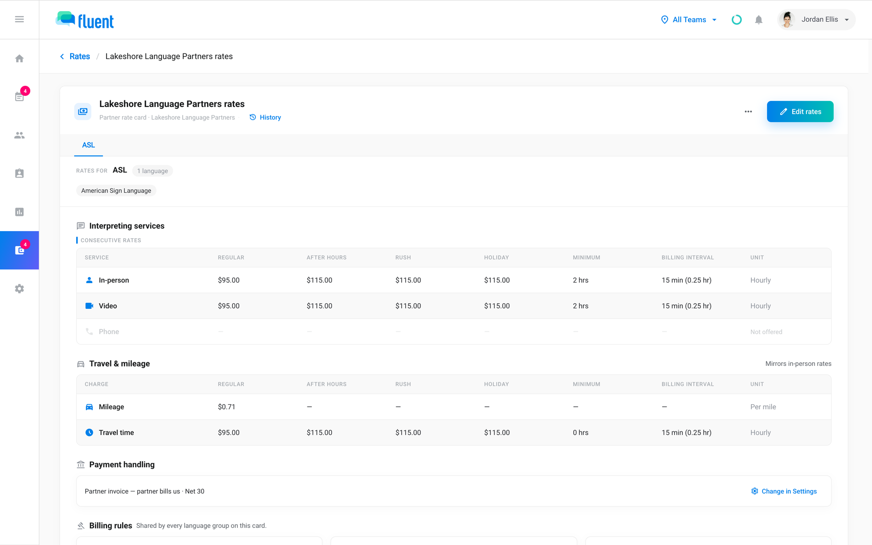 Billing › Rates › Partner with a partner agency's rate card open, showing its prices for each service