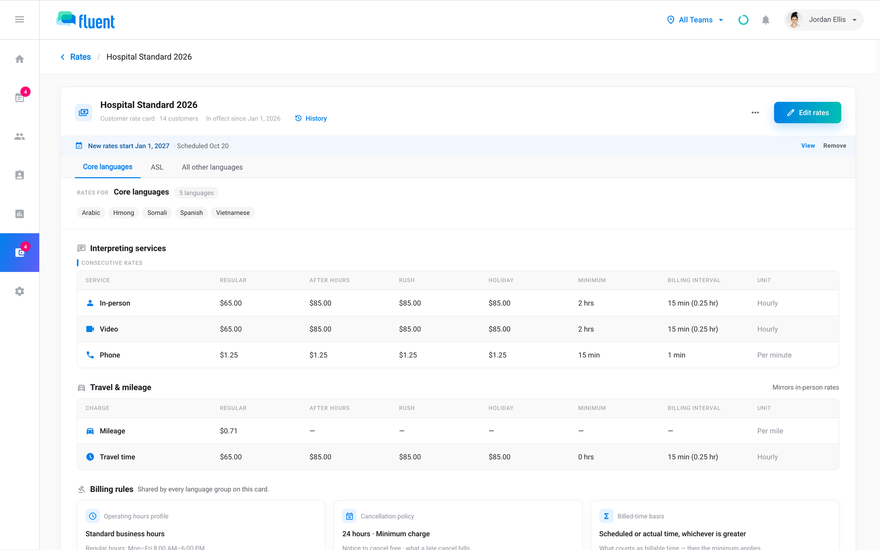 Customer rate card page with In-person, Video, and Phone prices, travel and mileage, and the billing rules