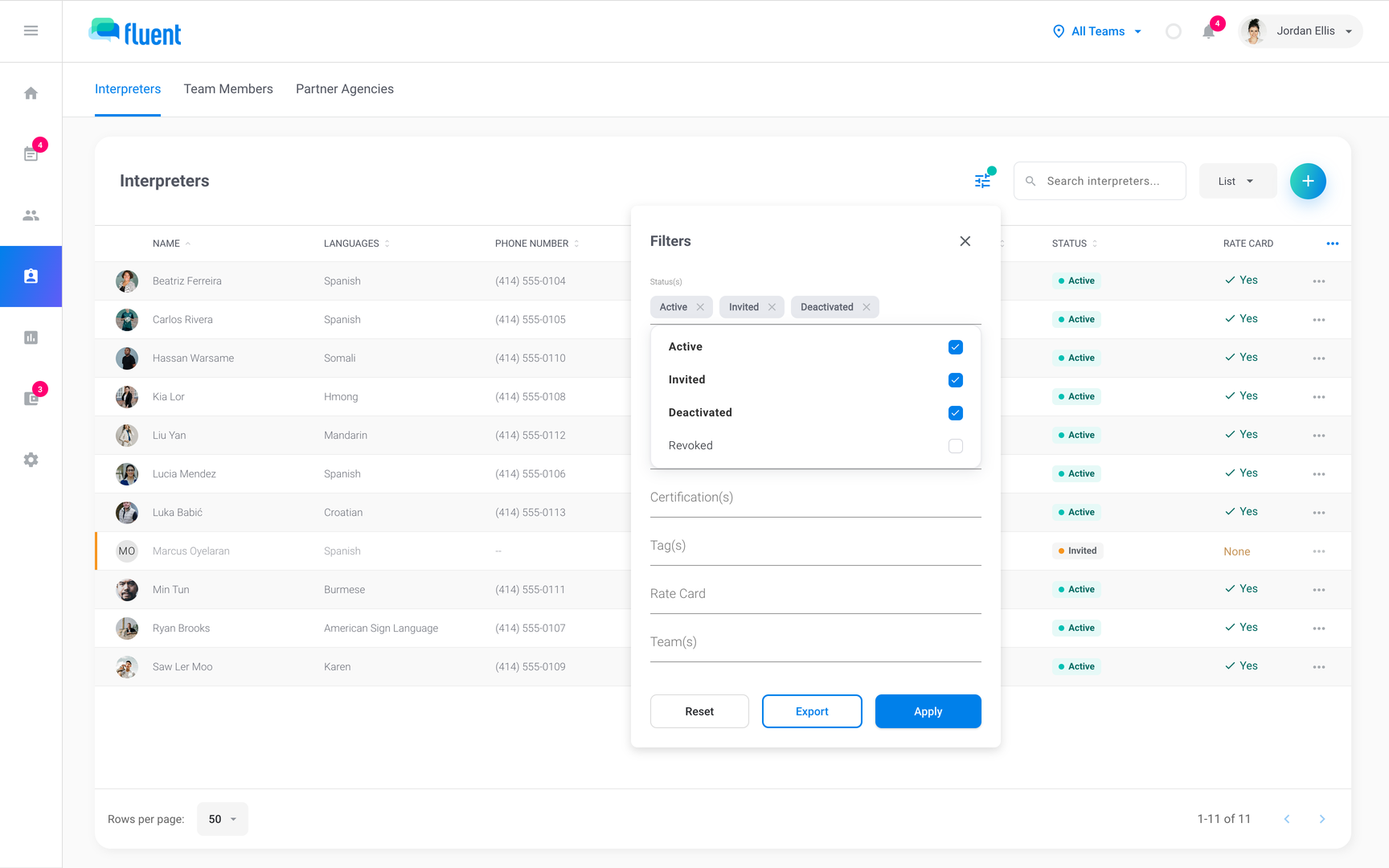 Team › Interpreters with the Filters panel open and Deactivated added in Status(s) before export