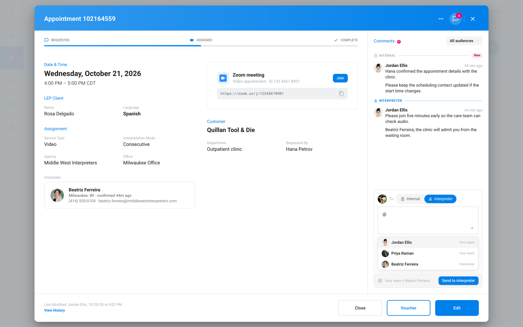 Comments panel with the mention list open under the comment box, grouped as Your team and Interpreter