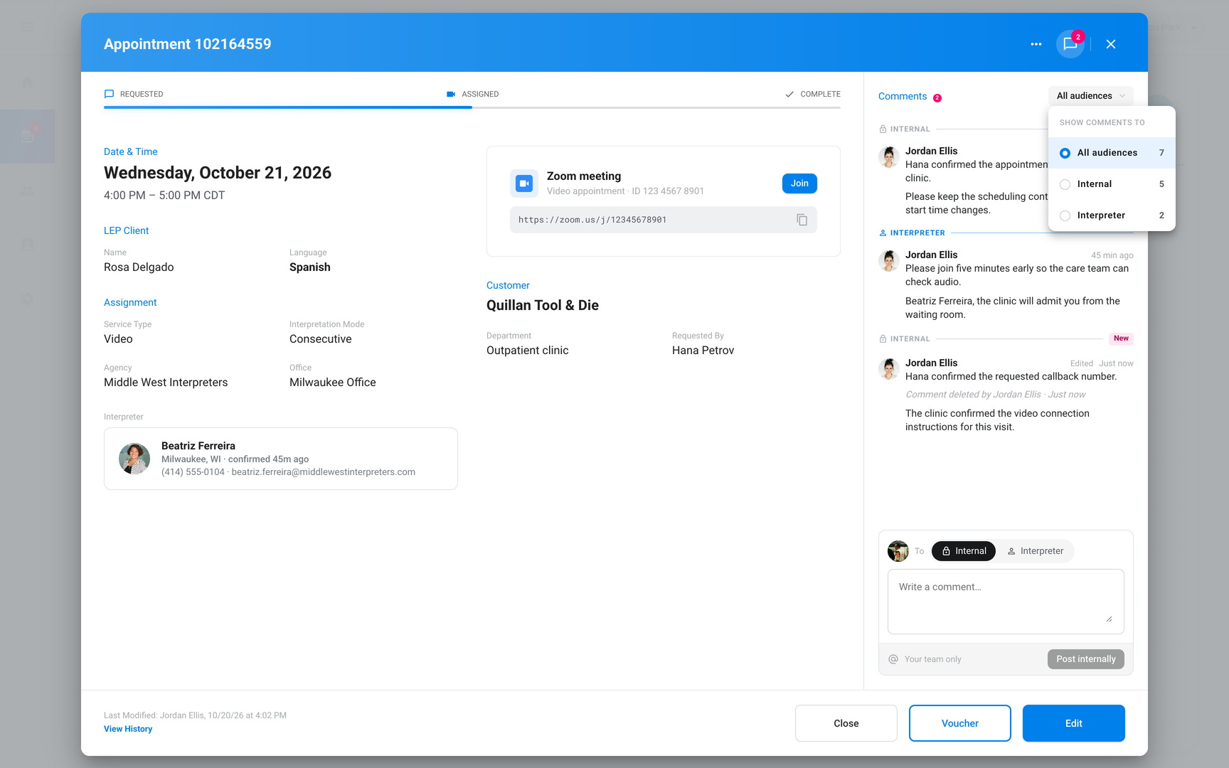 Comments panel with the All audiences menu open listing Internal, Interpreter, and Customer with counts