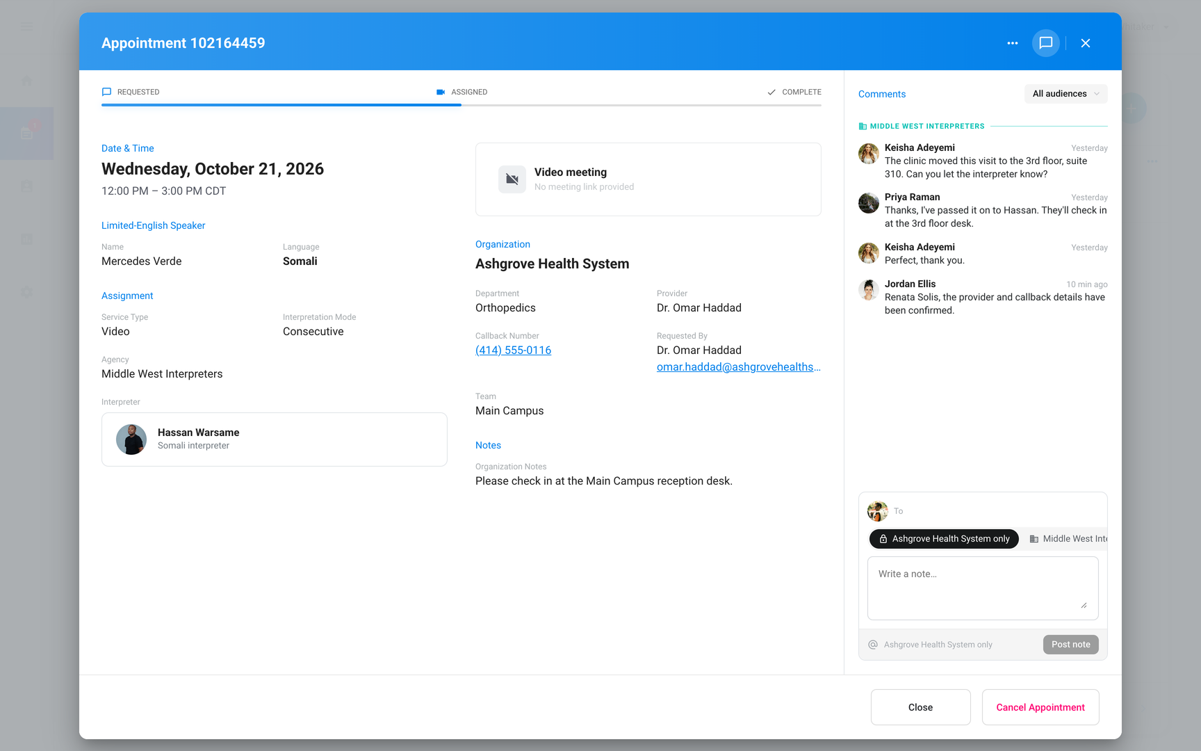 Organization view of the comments panel with Riverside Regional Health System only selected and the Post note button