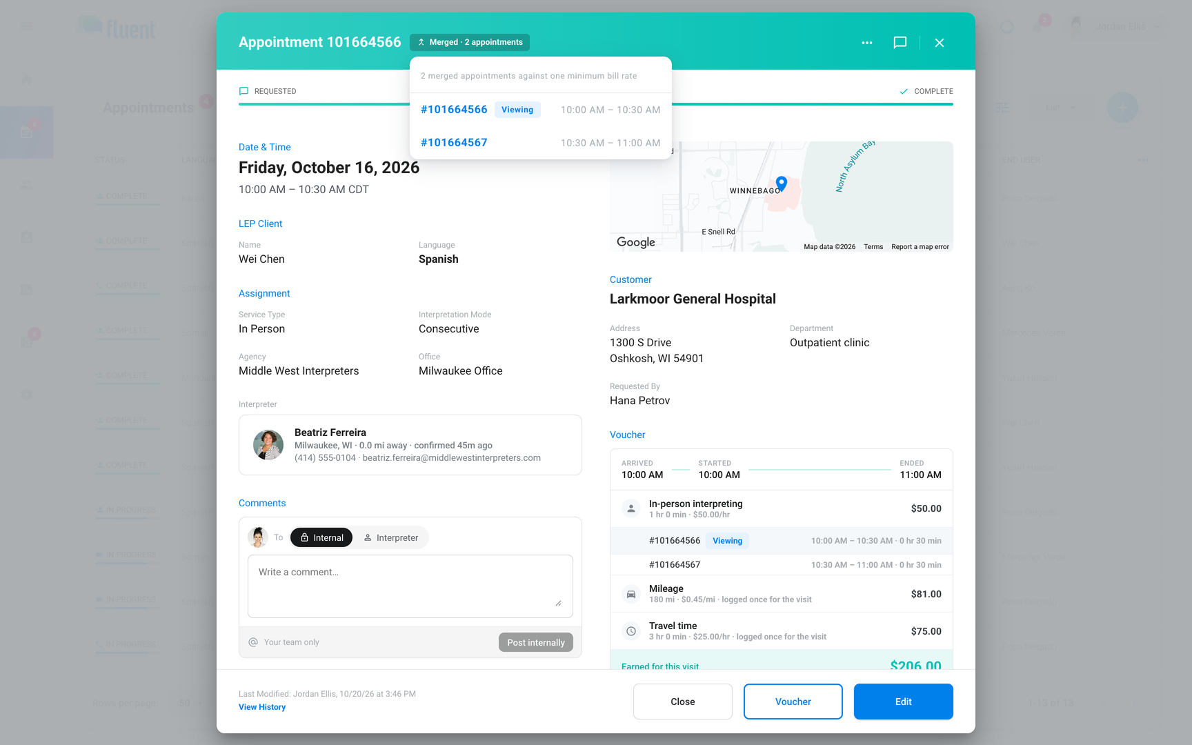 Appointment dialog header with the Merged menu open, listing 2 appointments billed against one minimum