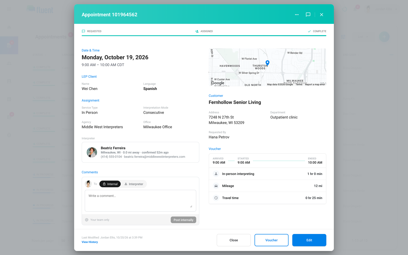 Appointment dialog for a Complete In Person appointment with the map, the Voucher card, and the View History link