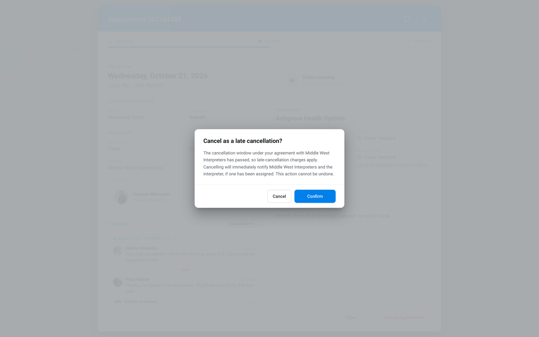 Organization request with the "Cancel as a late cancellation?" dialog open, with Cancel and Confirm