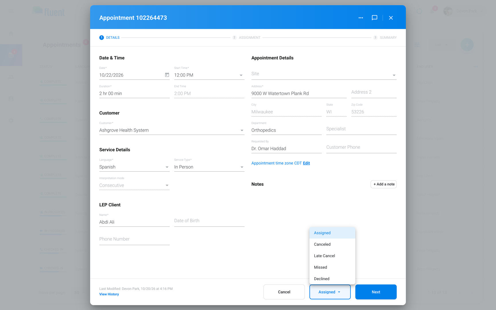 Appointment dialog in Edit with the status menu open on Canceled, Late Cancel, Missed and Declined
