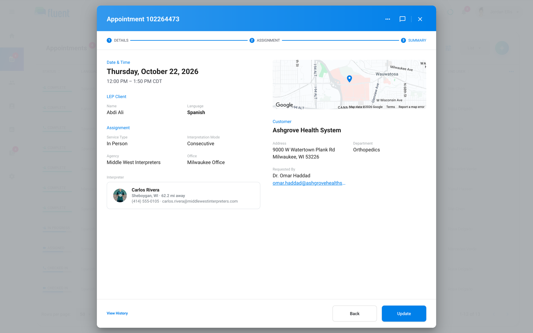 Appointment dialog on the Summary step of an existing appointment with the Update button enabled
