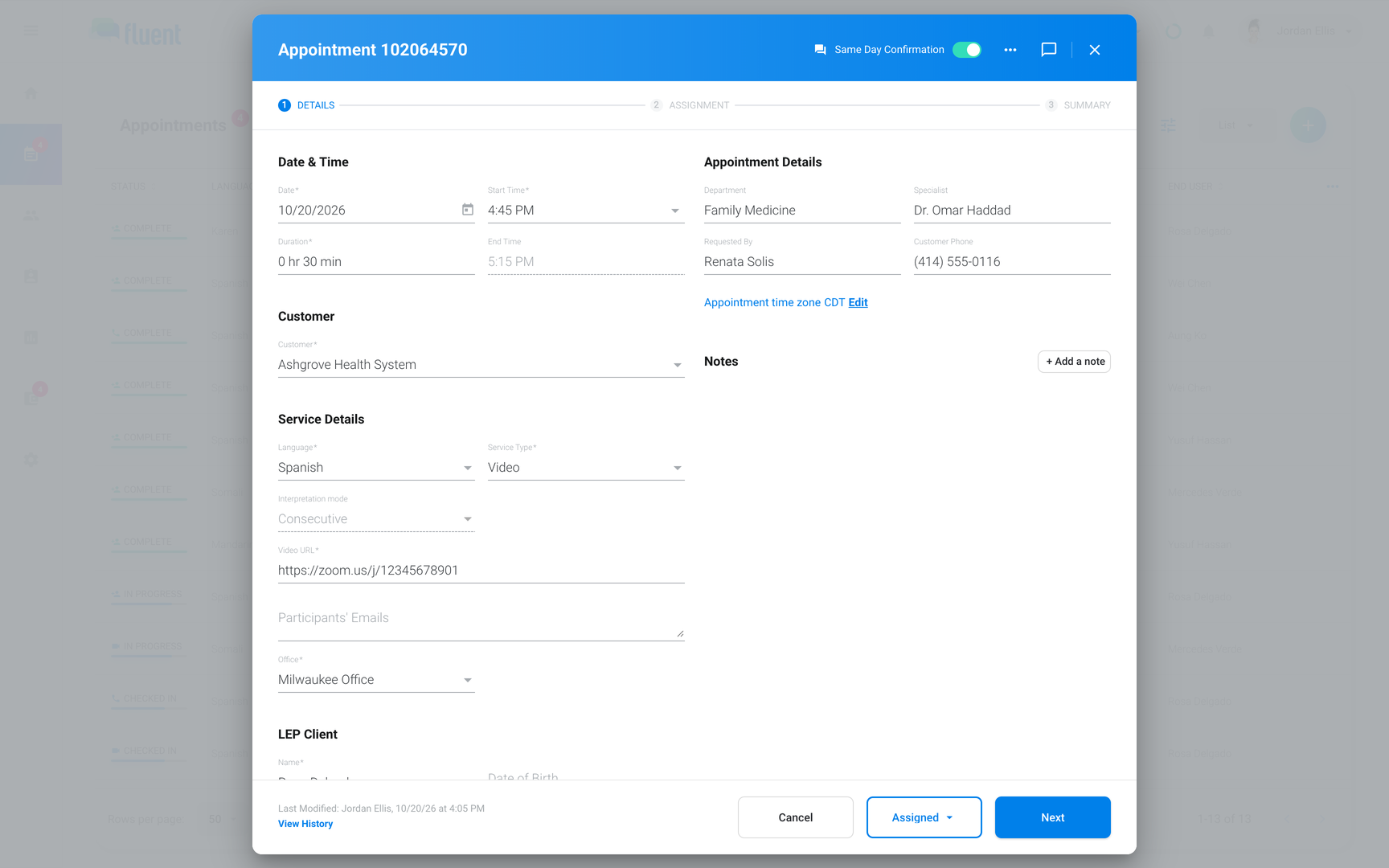 Appointment dialog in Edit for today with the Same Day Confirmation switch on in the header