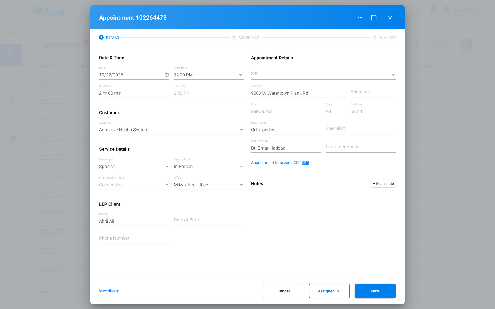 Appointment dialog in Edit on the Details step with the Details, Assignment, and Summary stepper
