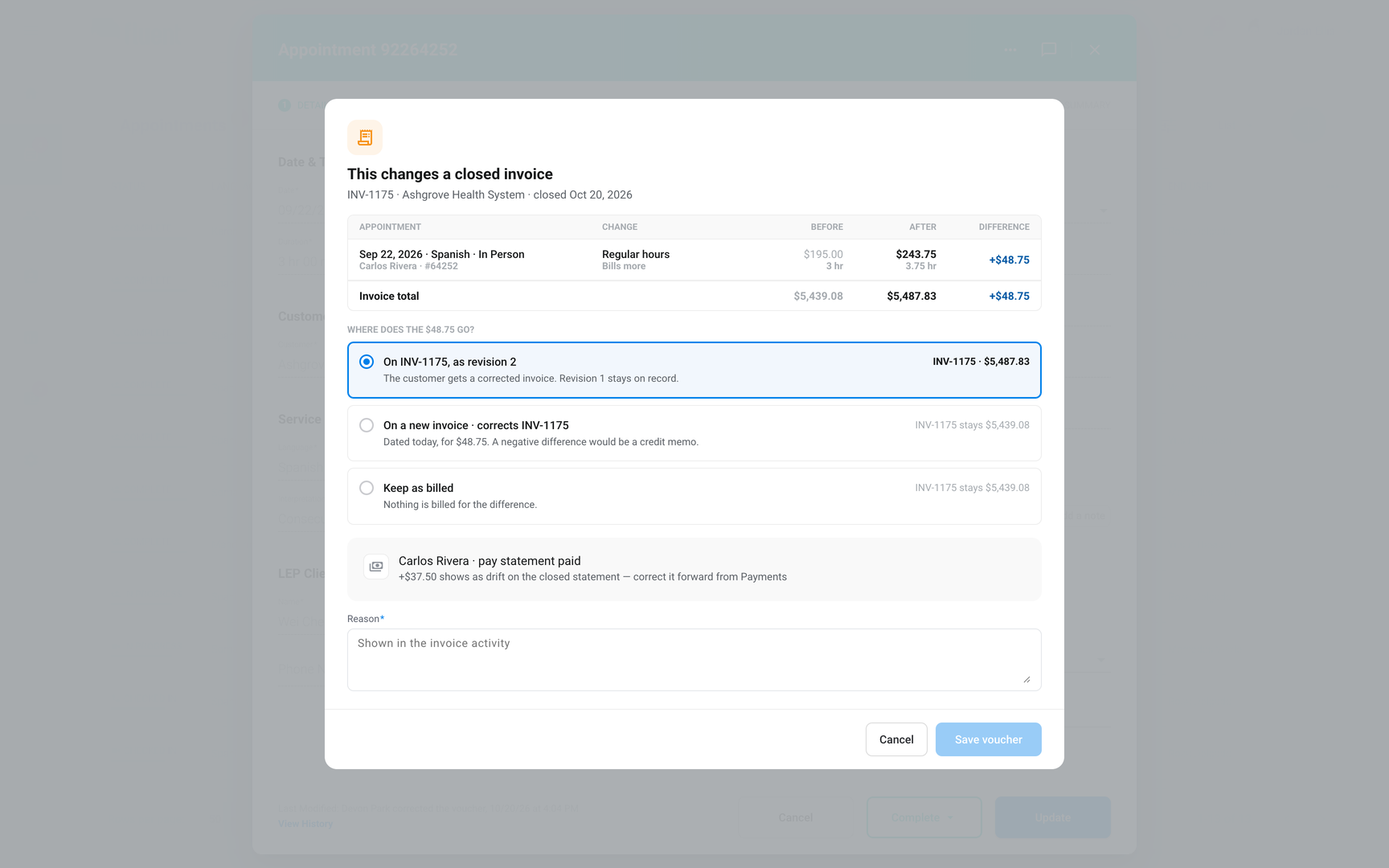The "This changes a closed invoice" dialog with the changed line, the 3 answers, Reason, and Save voucher