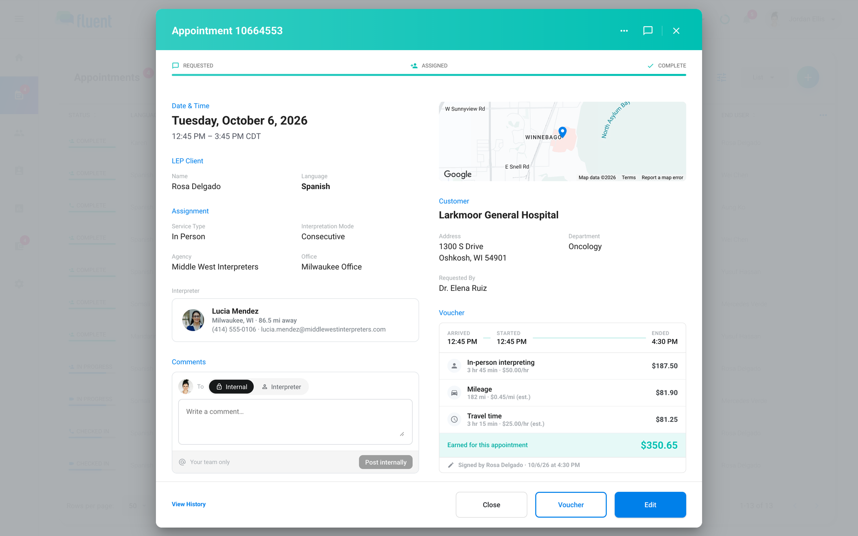 Appointment dialog with the Voucher card showing arrival, start, end, pay lines, and Earned for this appointment
